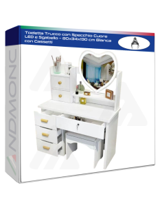 Toeletta Trucco con Specchio Cuore LED e Sgabello –...