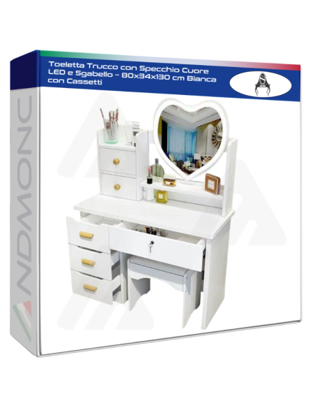 Toeletta Trucco con Specchio Cuore LED e Sgabello – 80x34x130 cm Bianca con Cassetti