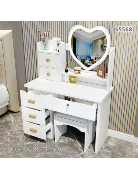 Toeletta Trucco con Specchio Cuore LED e Sgabello – 80x34x130 cm Bianca con Cassetti