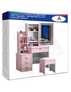 Toeletta Trucco Rosa con Specchio LED e Sgabello –...