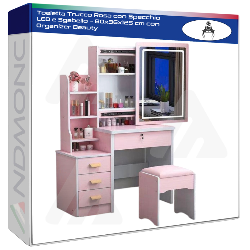 Toeletta Trucco Rosa con Specchio LED e...