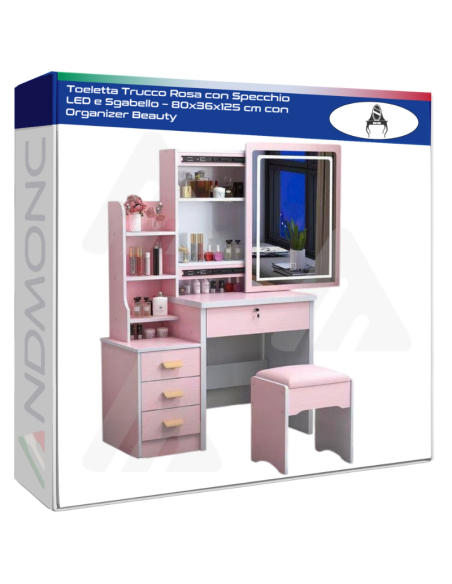 Toeletta Trucco Rosa con Specchio LED e Sgabello – 80x36x125 cm con Organizer Beauty