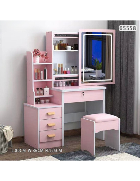 Toeletta Trucco Rosa con Specchio LED e Sgabello – 80x36x125 cm con Organizer Beauty