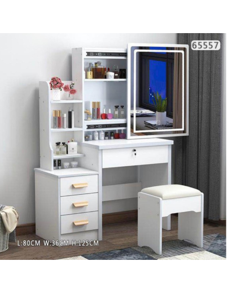 Toeletta Makeup LED Bianca con Specchio Scorrevole e Sgabello – 80x36x125 cm