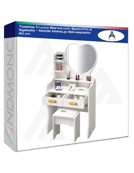 Toeletta Trucco Bianca con Specchio e Sgabello – Mobile Makeup Salvaspazio 60 cm