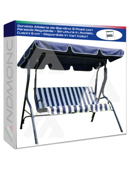 Dondolo Altalena da Giardino 3 Posti con Parasole Regolabile – Struttura in Acciaio, Cuscini 6 cm – Disponibile in Vari Colori