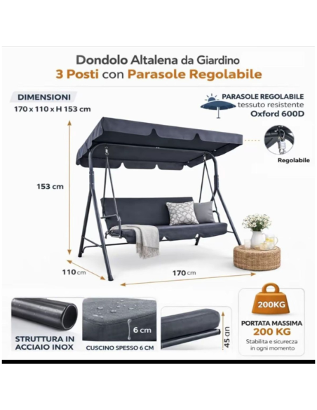 Dondolo Altalena da Giardino 3 Posti con Parasole Regolabile – Struttura in Acciaio, Cuscini 6 cm – Disponibile in Vari Colori