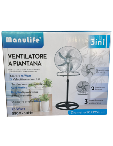 Ventilatore Manulife 3 in 1 75W Ø50 cm con Oscillazione Automatica e 3 Velocità