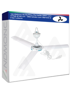 Ventilatore da Soffitto Portatile 23W con 3 Pale Ø 90 cm...