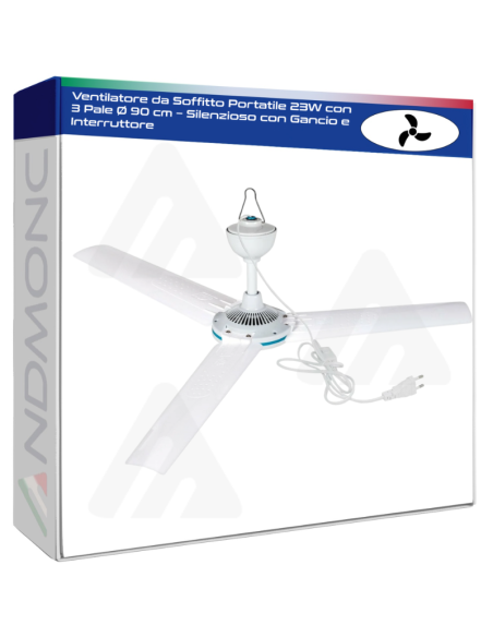 Ventilatore da Soffitto Portatile 23W con 3 Pale Ø 90 cm – Silenzioso con Gancio e Interruttore