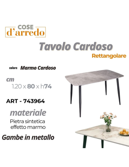 Tavolo Rettangolare Effetto Marmo Cardoso 120x80 cm con Gambe in Metallo