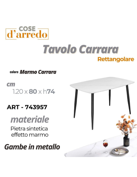 Tavolo Rettangolare 120x80 cm Effetto Marmo Carrara con Gambe in Metallo  Cose d'Arredo