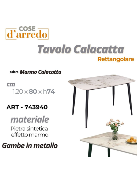 Tavolo Rettangolare 120x80 cm Effetto Marmo Calacatta con Gambe in Metallo | Cose d'Arredo