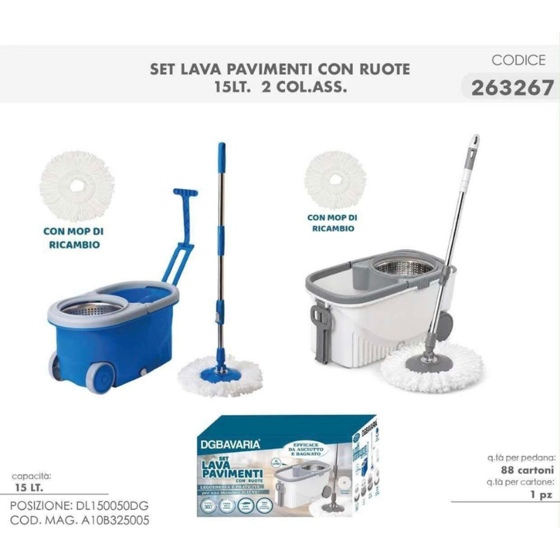 Set Lavapavimenti con Ruote 15 Litri e Secchio...