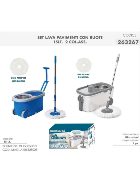 Set Lavapavimenti con Ruote 15 Litri e Secchio Centrifuga 360° con Mop in Microfibra | Cose d'Arredo