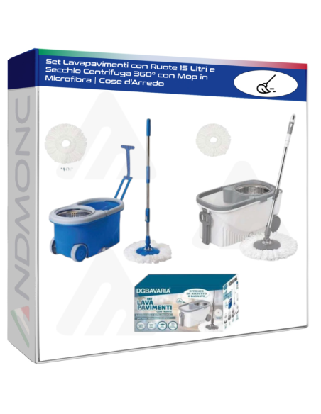 Set Lavapavimenti con Ruote 15 Litri e Secchio Centrifuga 360° con Mop in Microfibra | Cose d'Arredo
