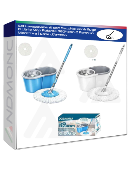 Set Lavapavimenti con Secchio Centrifuga 8 Litri e Mop Rotante 360° con 2 Panni in Microfibra | Cose d'Arredo