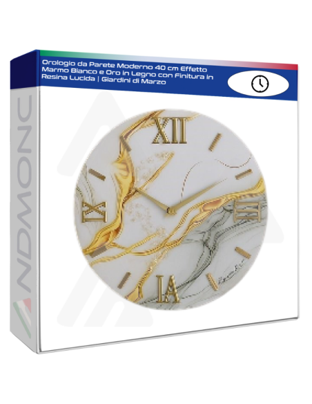 Orologio da Parete Moderno 40 cm Effetto Marmo Bianco e Oro in Legno con Finitura in Resina Lucida | Giardini di Marzo