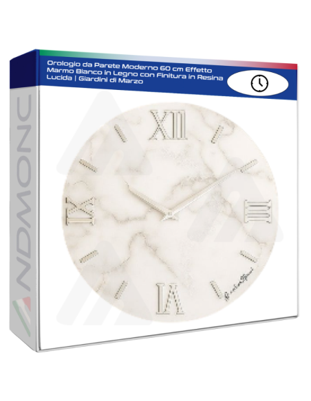 Orologio da Parete Moderno 60 cm Effetto Marmo Bianco in Legno con Finitura in Resina Lucida  Giardini di Marzo