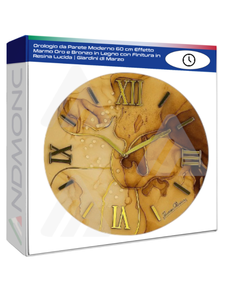 Orologio da Parete Moderno 60 cm Effetto Marmo Oro e Bronzo in Legno con Finitura in Resina Lucida | Giardini di Marzo