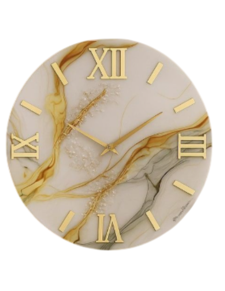 Orologio da Parete Moderno 60 cm Effetto Marmo Bianco e Oro in Legno con Finitura in Resina Lucida | Giardini di Marzo