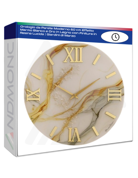 Orologio da Parete Moderno 60 cm Effetto Marmo Bianco e Oro in Legno con Finitura in Resina Lucida | Giardini di Marzo