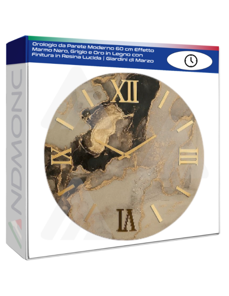 Orologio da Parete Moderno 60 cm Effetto Marmo Nero, Grigio e Oro in Legno con Finitura in Resina Lucida | Giardini di Marzo