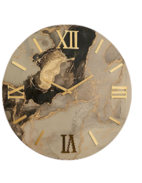 Orologio da Parete Moderno 60 cm Effetto Marmo Nero, Grigio e Oro in Legno con Finitura in Resina Lucida | Giardini di Marzo