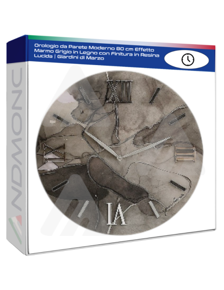 Orologio da Parete Moderno 80 cm Effetto Marmo Grigio in Legno con Finitura in Resina Lucida | Giardini di Marzo