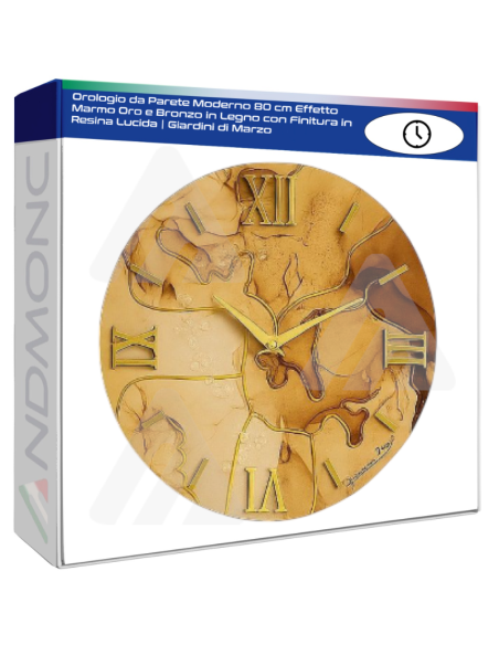 Orologio da Parete Moderno 80 cm Effetto Marmo Oro e Bronzo in Legno con Finitura in Resina Lucida | Giardini di Marzo