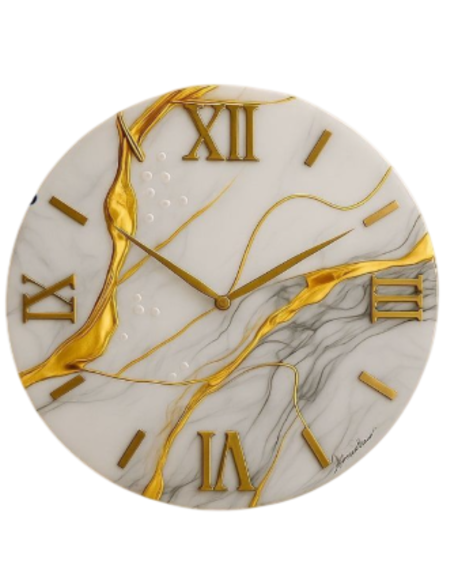 Orologio da Parete Moderno 80 cm Effetto Marmo Bianco e Oro in Legno con Finitura in Resina Lucida | Giardini di Marzo