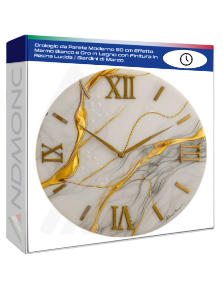 Orologio da Parete Moderno 80 cm Effetto Marmo Bianco e Oro in Legno con Finitura in Resina Lucida | Giardini di Marzo