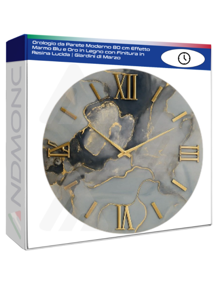 Orologio da Parete Moderno 80 cm Effetto Marmo Blu e Oro in Legno con Finitura in Resina Lucida | Giardini di Marzo