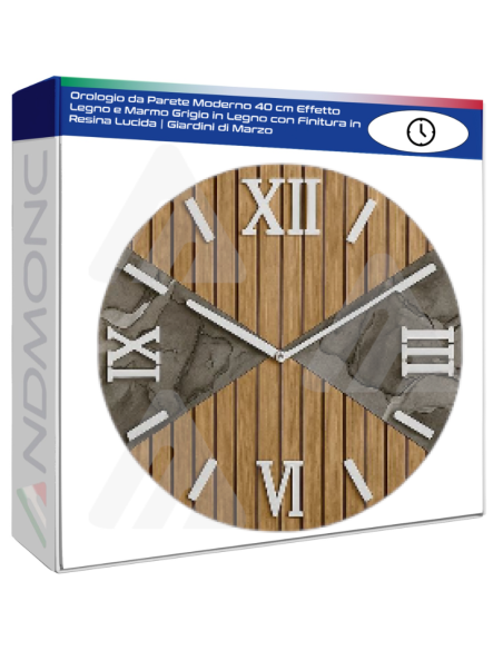 Orologio da Parete Moderno 40 cm Effetto Legno e Marmo Grigio in Legno con Finitura in Resina Lucida | Giardini di Marzo