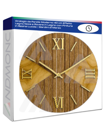 Orologio da Parete Moderno 40 cm Effetto Legno Noce e Rovere in Legno con Finitura in Resina Lucida | Giardini di Marzo
