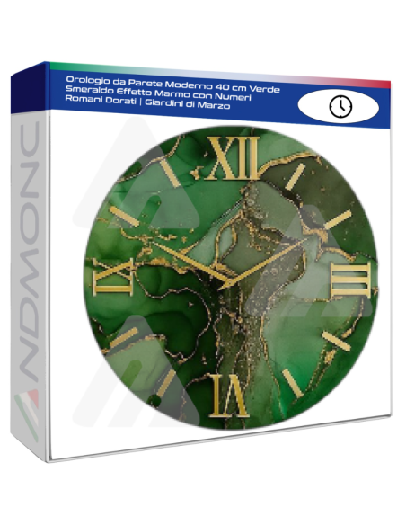 Orologio da Parete Moderno 40 cm Verde Smeraldo Effetto Marmo con Numeri Romani Dorati | Giardini di Marzo