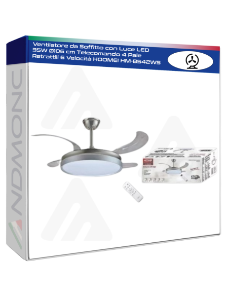 Ventilatore da Soffitto con Luce LED 35W Ø106 cm Telecomando 4 Pale Retrattili 6 Velocità HOOMEI HM-8542WS
