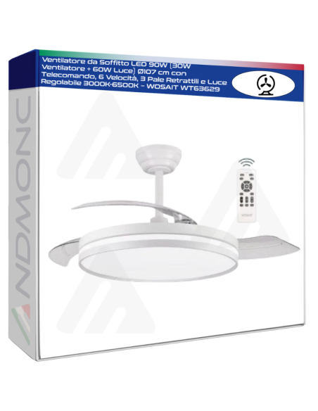 Ventilatore da Soffitto LED 90W (30W Ventilatore + 60W Luce) Ø107 cm con Telecomando, 6 Velocità, 3 Pale Retrattili