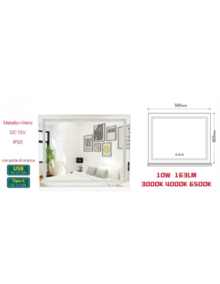 Specchio da Tavolo per Trucco con Luce LED 50x42 cm | Touch Dimmerabile, 3 Temperature Colore, USB e USB-C
