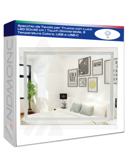 Specchio da Tavolo per Trucco con Luce LED 50x42 cm | Touch Dimmerabile, 3 Temperature Colore, USB e USB-C