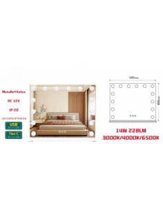 Specchio Hollywood LED 58x48 cm | Touch, 3 Luci, USB e USB-C 2