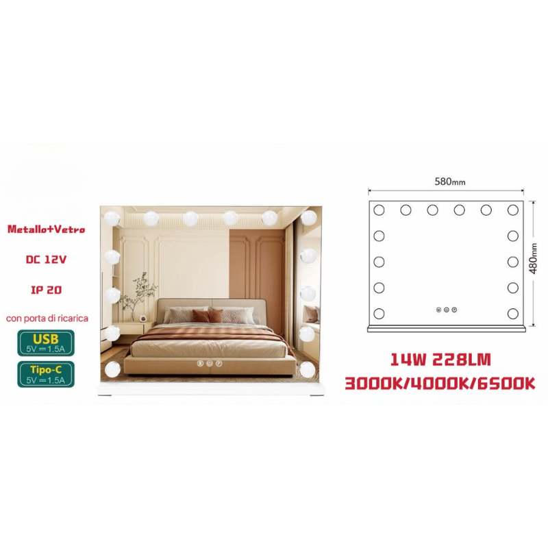 Specchio Hollywood LED 58x48 cm | Touch, 3...