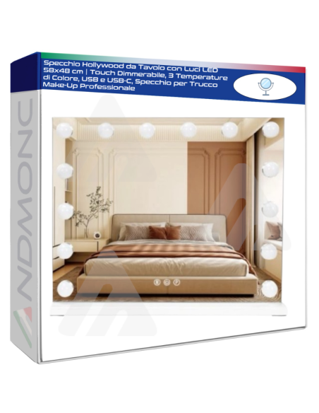 Specchio Hollywood LED 58x48 cm | Touch, 3 Luci, USB e USB-C
