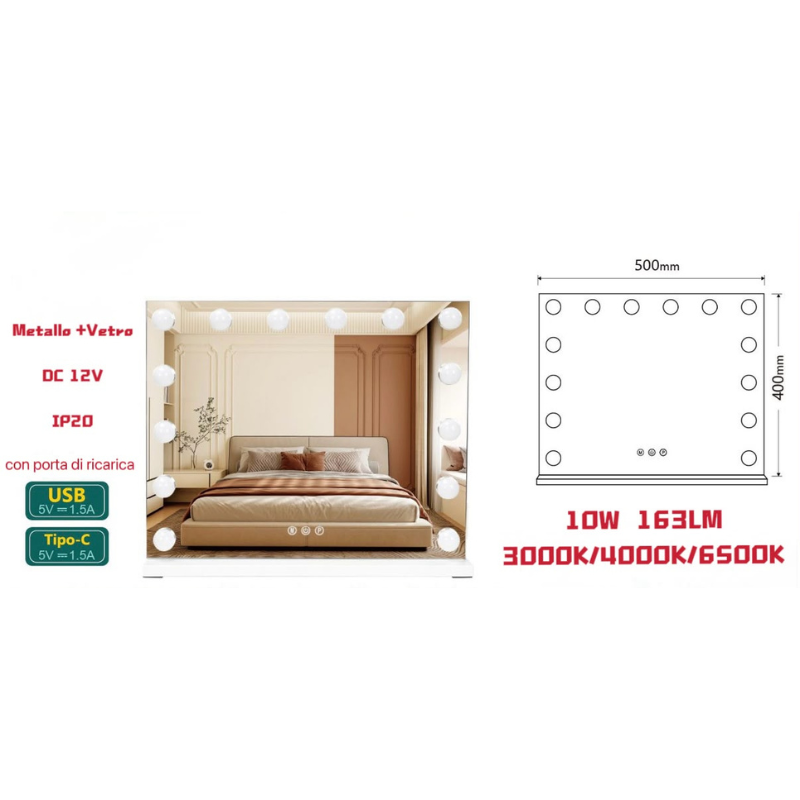 Specchio Hollywood per Trucco LED 50x40 cm |...