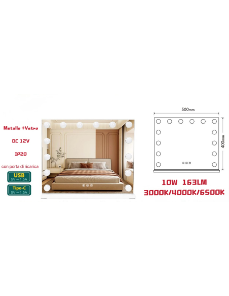 Specchio Hollywood per Trucco LED 50x40 cm | Touch, 3 Luci, USB e USB-C