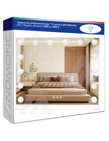 Specchio Hollywood per Trucco LED 50x40 cm | Touch, 3 Luci, USB e USB-C