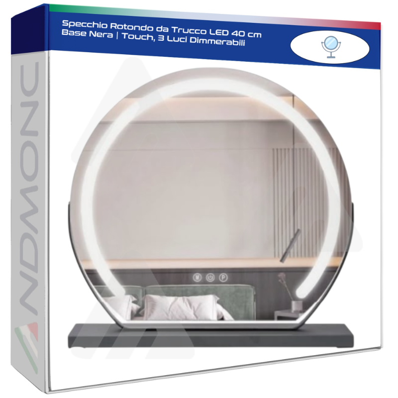 Specchio Rotondo da Trucco LED 40 cm Base Nera...
