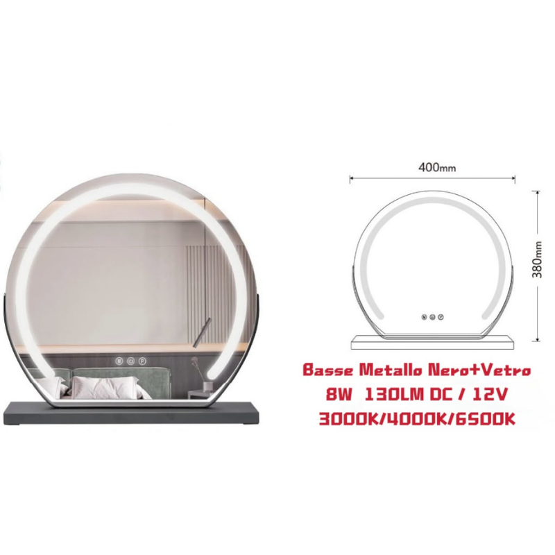 Specchio Rotondo da Trucco LED 40 cm Base Nera...