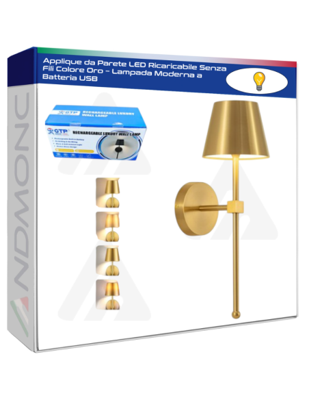 Applique da Parete LED Ricaricabile Senza Fili Colore Oro – Lampada Moderna a Batteria USB
