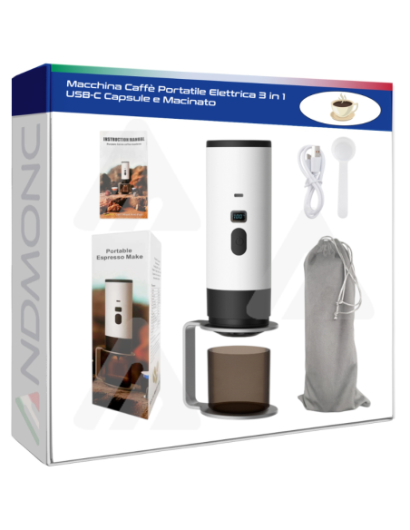 Macchina Caffè Portatile Elettrica 3 in 1 USB-C Capsule e Macinato
